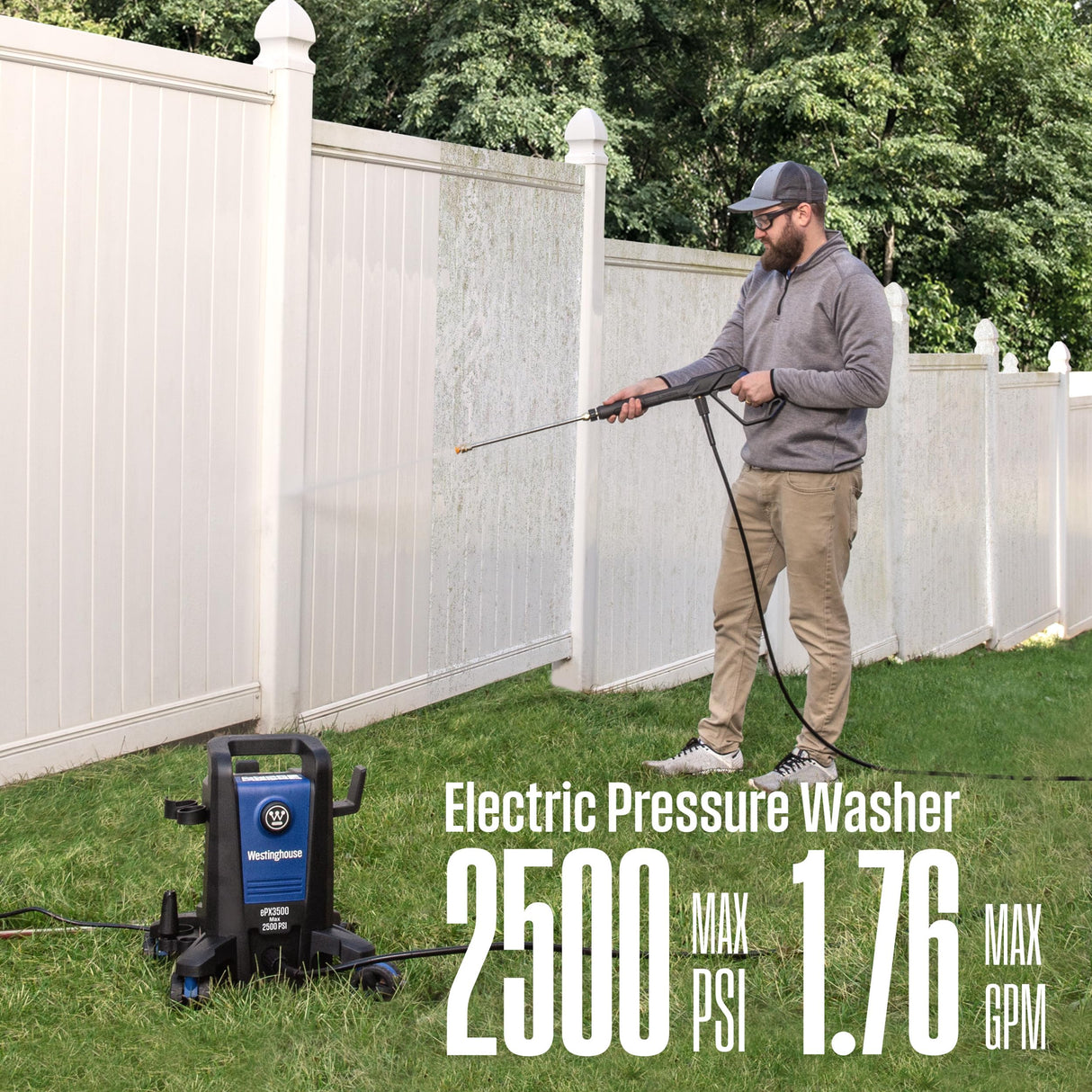 Westinghouse ePX3500 Electric Pressure Washer, 2500 Max PSI 1.76 Max GPM with Anti-Tipping Technology, Onboard Soap Tank, Pro-Style Steel Wand, 5-Nozzle Set, for Cars/Fences/Driveways/Home/Patios Westinghouse