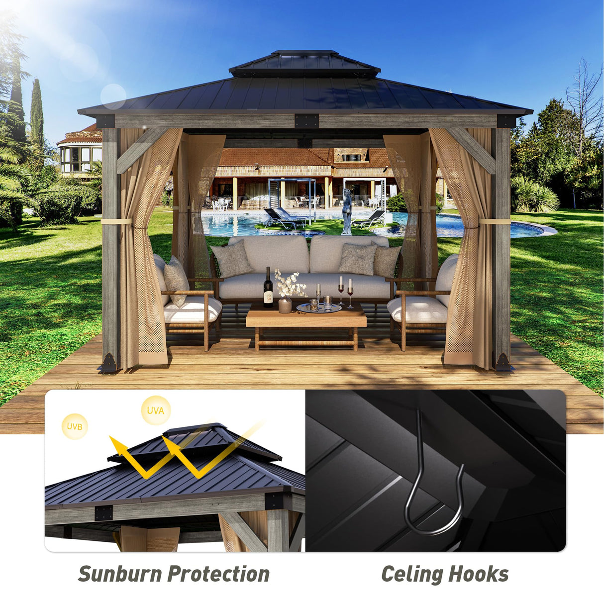 HOMPUS 10x12 FT Hardtop Wood Gazebo, Cedar Wood Frame Gazebo with Double Metal Roof, Outdoor Gazebo with Netting & Curtains, Wooden Gazebos Pavilion for Backyard, Garden, Deck, Gray HOMPUS