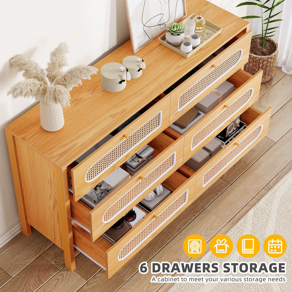 DWVO Natural Rattan 6 Drawer Dressers - Oak Wooden Dresser Chest of Drawers with Golden Handles - Modern Large Closet Boho Dressers Storage Cabinet for Living Room/Hallway/Entryway DWVO