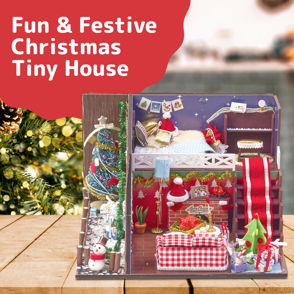 Prextex DIY Tiny House Kit Christmas Scene - Miniature House, Model Home, and Mini Room Kits for a Festive Holiday Building Experience - LED Lights, Snowman, Piano Set and Christmas Tree - Age 10+ PREXTEX