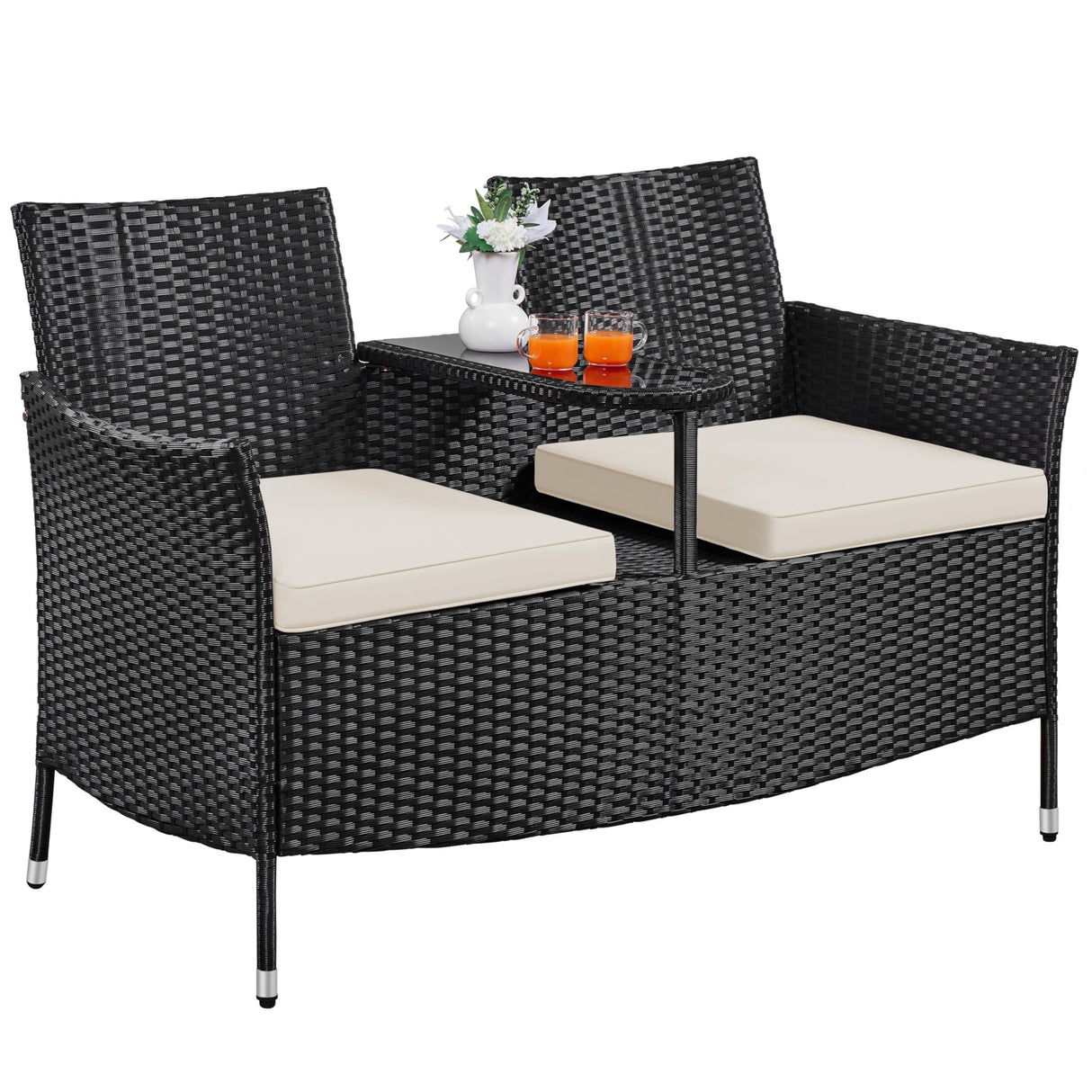 Yaheetech Patio Loveseat, Outdoor Wicker Double Chair w/Side Table, PE Rattan Furniture Set for Two People, Love Seat w/2 Removable Cushions & 1 Tempered Glass Side Table, Black/Beige Yaheetech