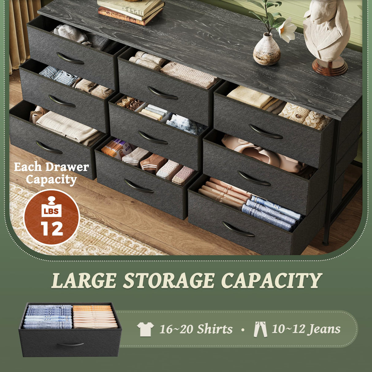 Huuger 9 Drawer Dresser, 47 Inch Dresser TV Stand for 50, 55 Inch TV, Entertainment Center with Drawers, Fabric Dresser Chest of Drawer for Bedroom, Closet, Black Huuger