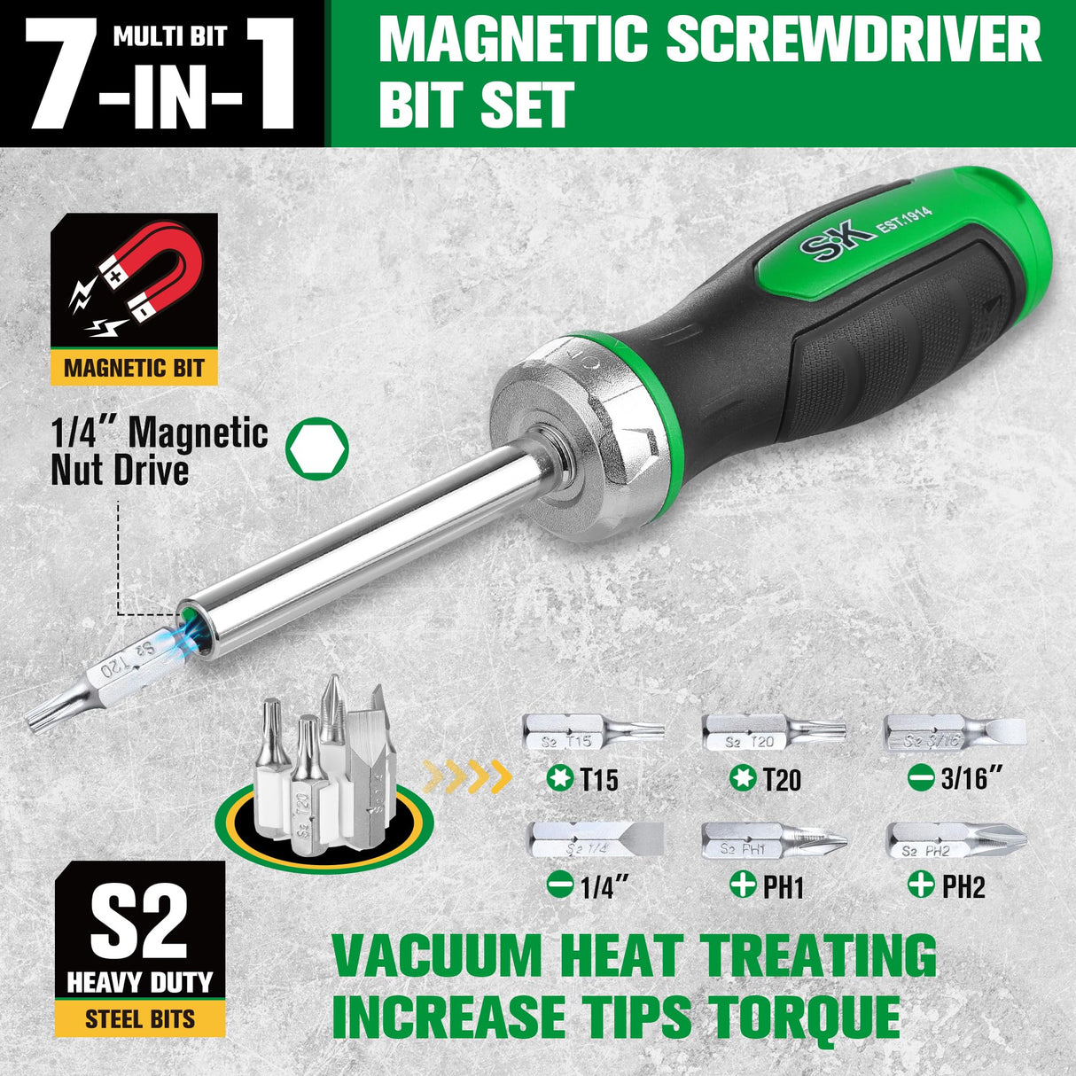 SK 7-in-1 Ratcheting Screwdriver, 216-P, 6 Bits (Phillips, Star, Slotted), 1 Nut Driver Size (1/4 Inch), S2 Steel, SureGrip Handle SK