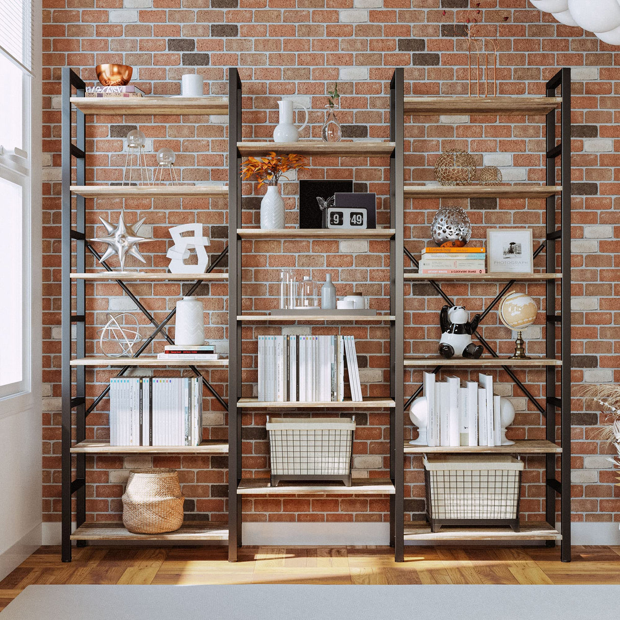 IRONCK Bookshelves 6 Tiers Triple Wide Industrial Bookshelf, Large Etagere Bookshelf Open Display Shelves with Metal Frame for Living Room Bedroom Home Office IRONCK