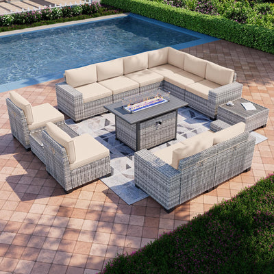 Muphyers 13-Piece Outdoor Patio Furniture Set with 55,000 BTU Fire Pit Table, PE Wicker Rattan Sectional Sofa Patio Conversation Set with Thickened Cushions & Coffee Table, Beige