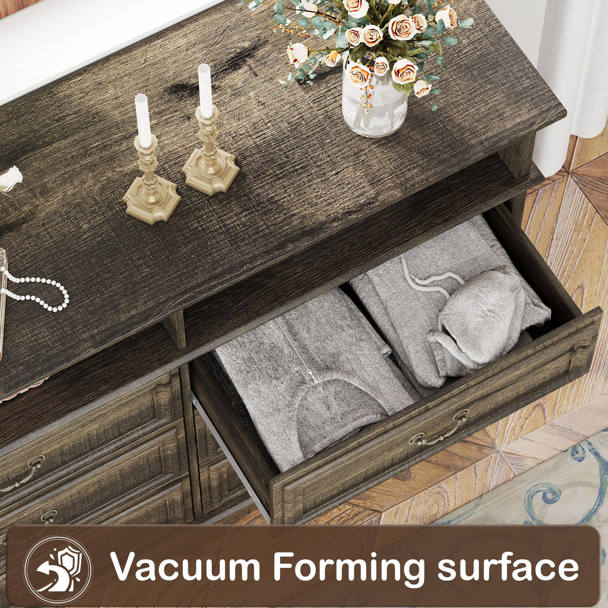 Yechen Farmhouse 6 Drawers Double Dresser, 47'' Wide Dresser Chest of Drawers with 2 Open Shelves, Dresser TV Stand, Rustic Wood Storage Dresser Organizer for Bedroom, Hallway, Entryway, Living Room Yechen