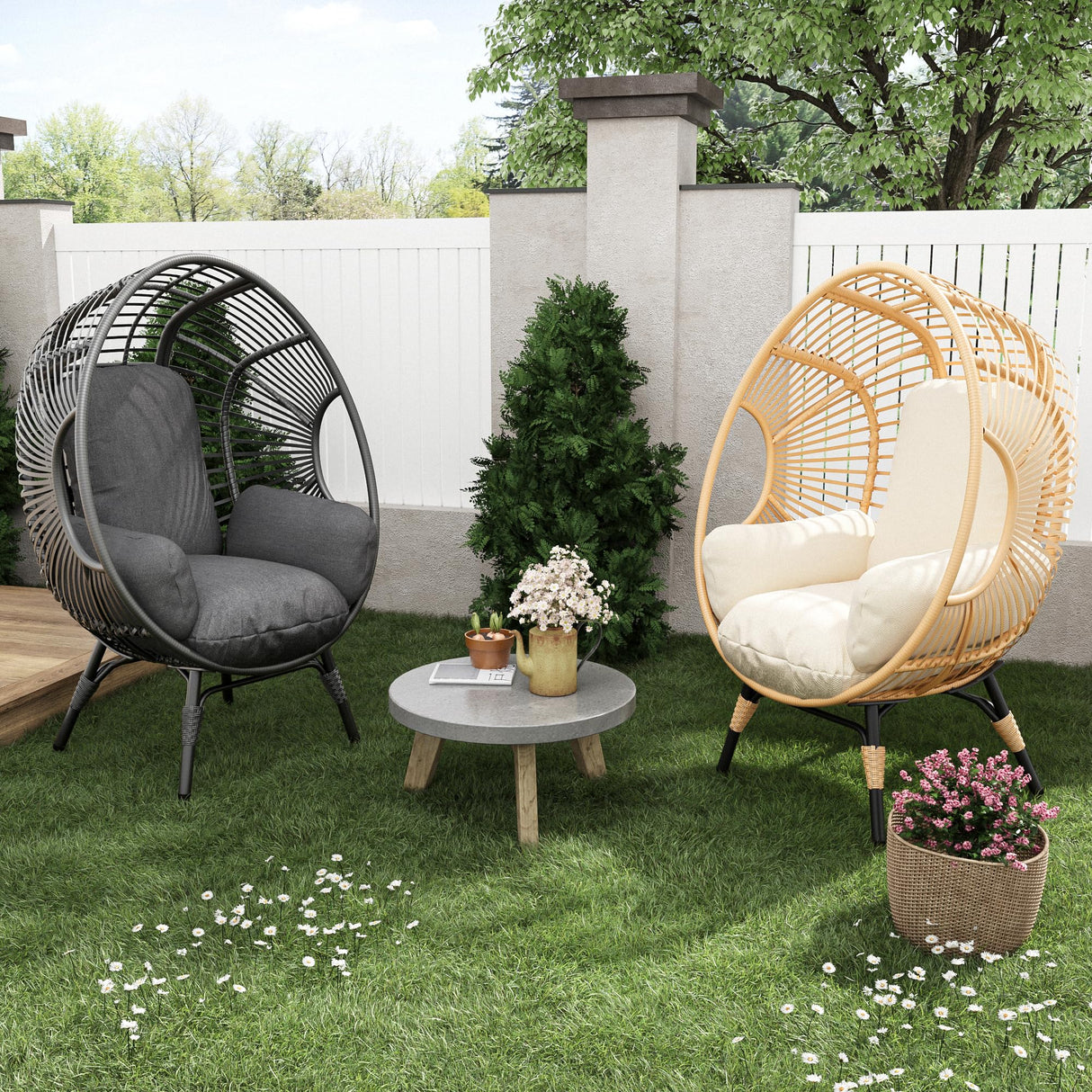 CHINNLUU Outdoor Egg Chair Wicker Oversized Egg Basket Chair with Stand Lounger Chairs with Cushion 500lbs Capacity for Patio Garden Backyard Balcony CHINNLUU
