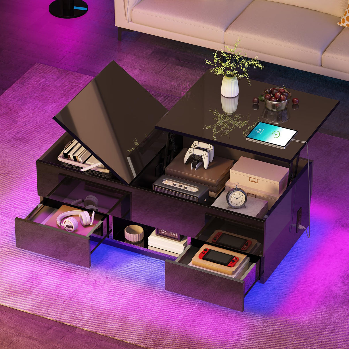 YITAHOME LED Lift Top Coffee Tables for Living Room with Power Outlets Charging Station, Modern Coffee Table with Storage 2 Drawers & Open Shelfs Rectangular Small Center Cocktail Table, Glossy Black YITAHOME