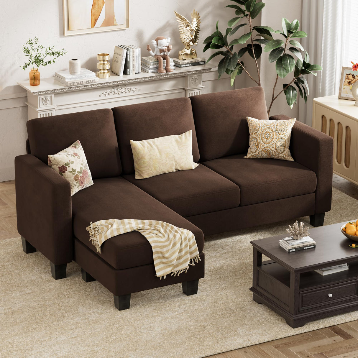 VICTONE Sectional Sofa Couch, 3 seat L-Shaped Small Sofa with Movable Ottoman Couch for Small Apartments, Living Rooms and Offices (Linen Fabric, Light Brown) VICTONE