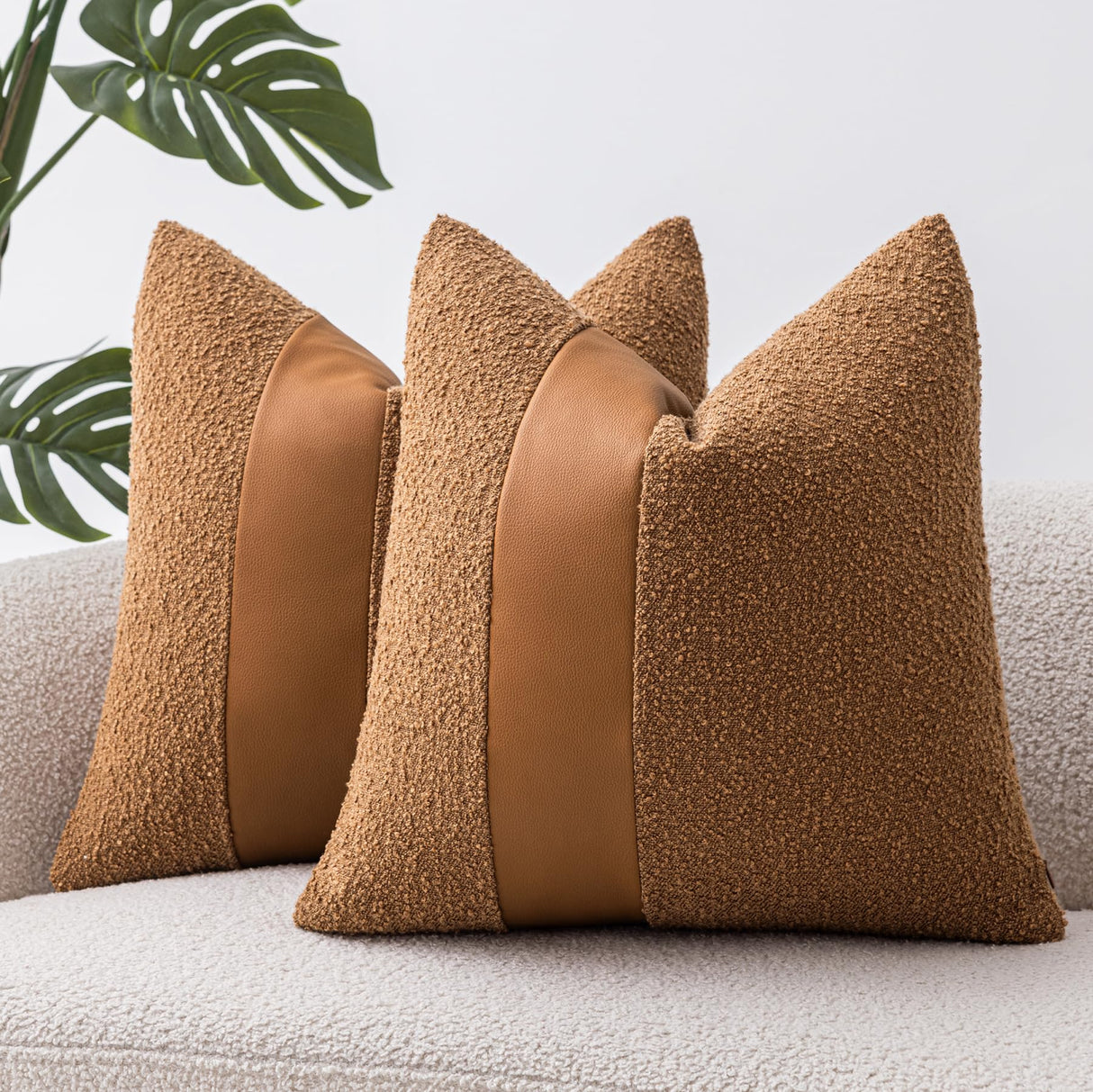 SINYASAN 18"x18" Tobacco Boucle Throw Pillow Covers with Faux Leather Accents Set of 2 Fluffy Textured Decorative Pillow Cases for Couch Bed Boho Farmhouse Square Cushion Covers for Nordic Home Décor SINYASAN