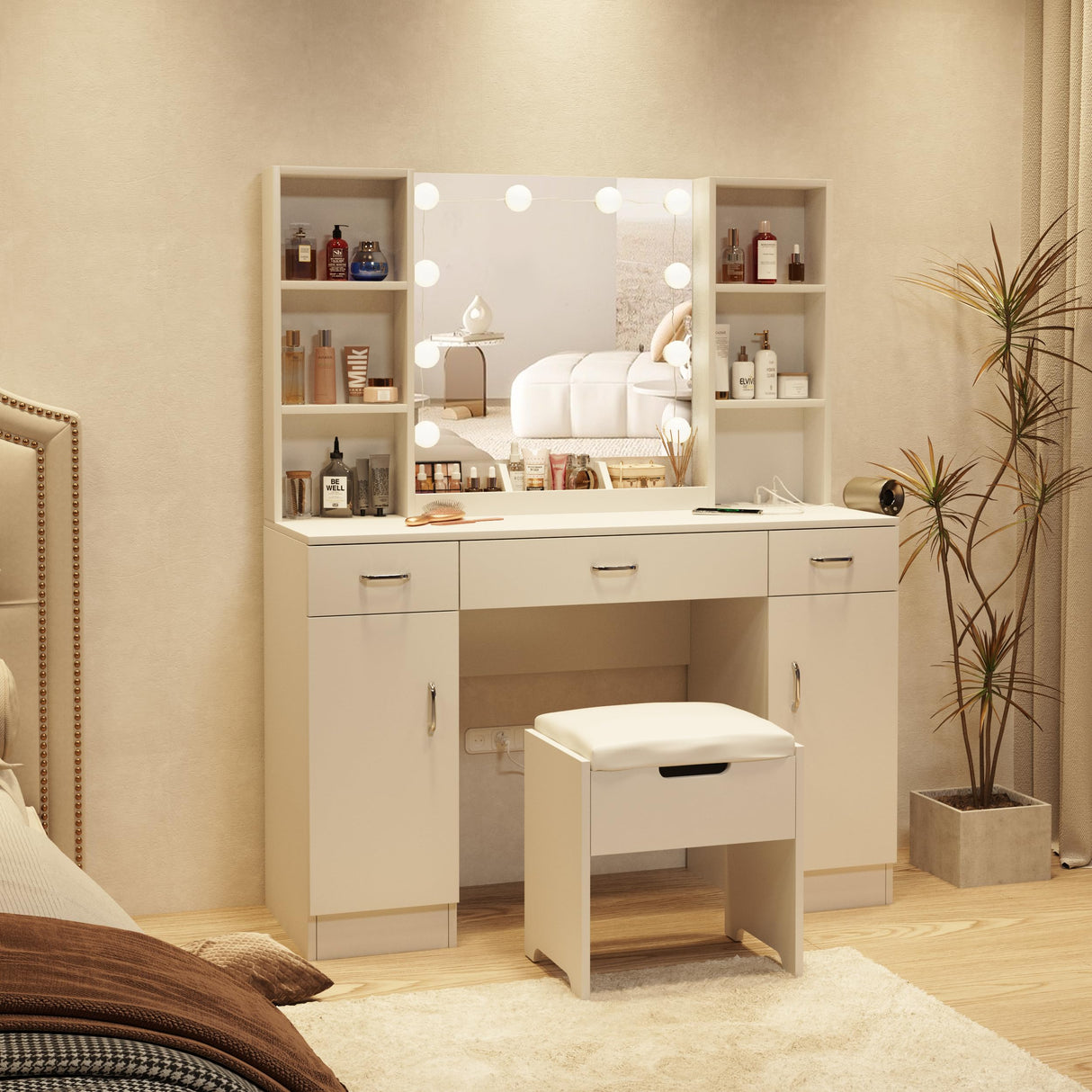 Halitaa Makeup Vanity Table with Lighted Mirror & Outlets, Large Vanity Set Vanity Desk with Lots Storage, 3 Lighting Modes, Brightness Adjustable, 45inch Halitaa