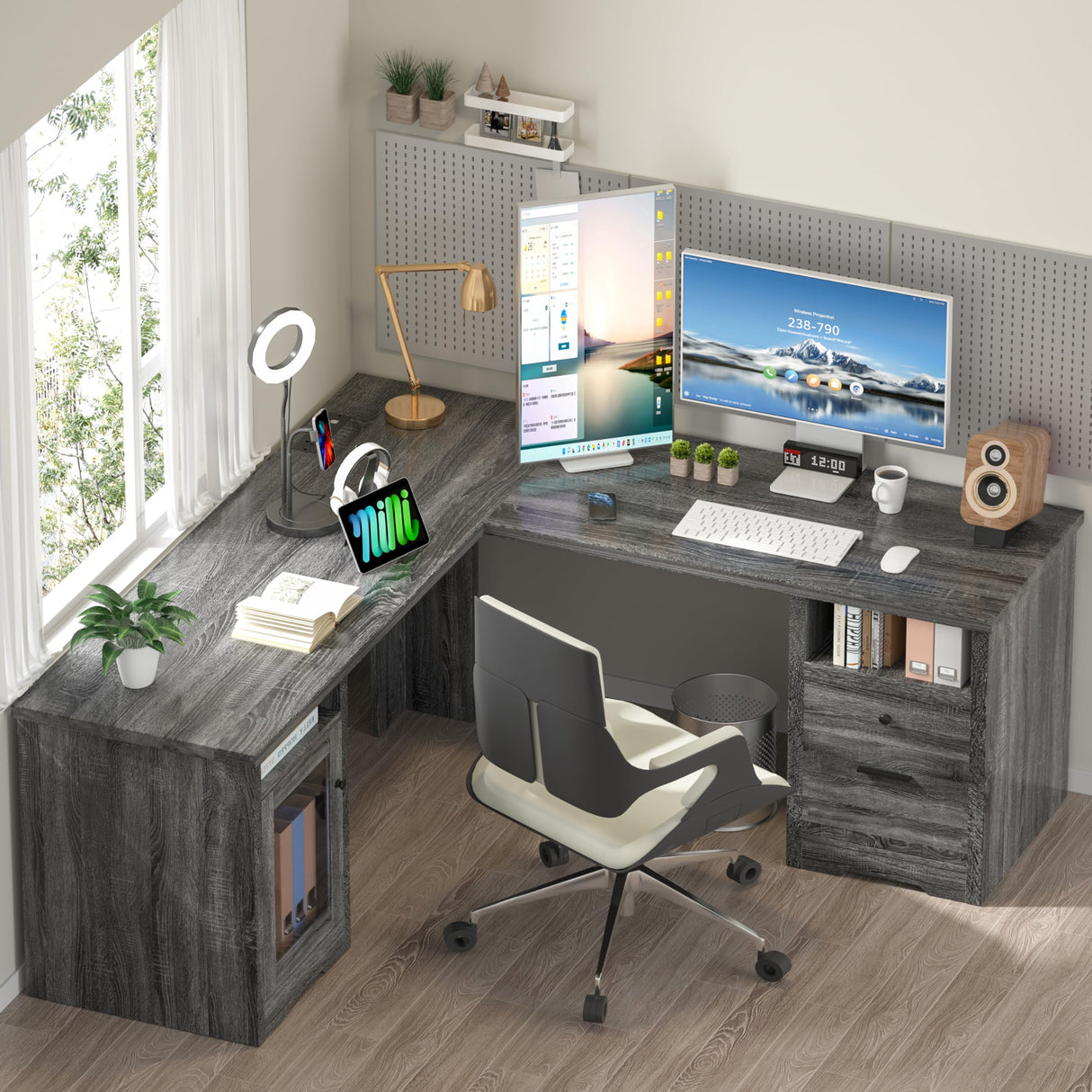 MU L Shaped Desk with File Drawer, 60 Inch Corner Desk with Storage Drawers & Cabinet, Large Home Office Desk with Power Outlets, Wood Executive Office Desk, Grey MU