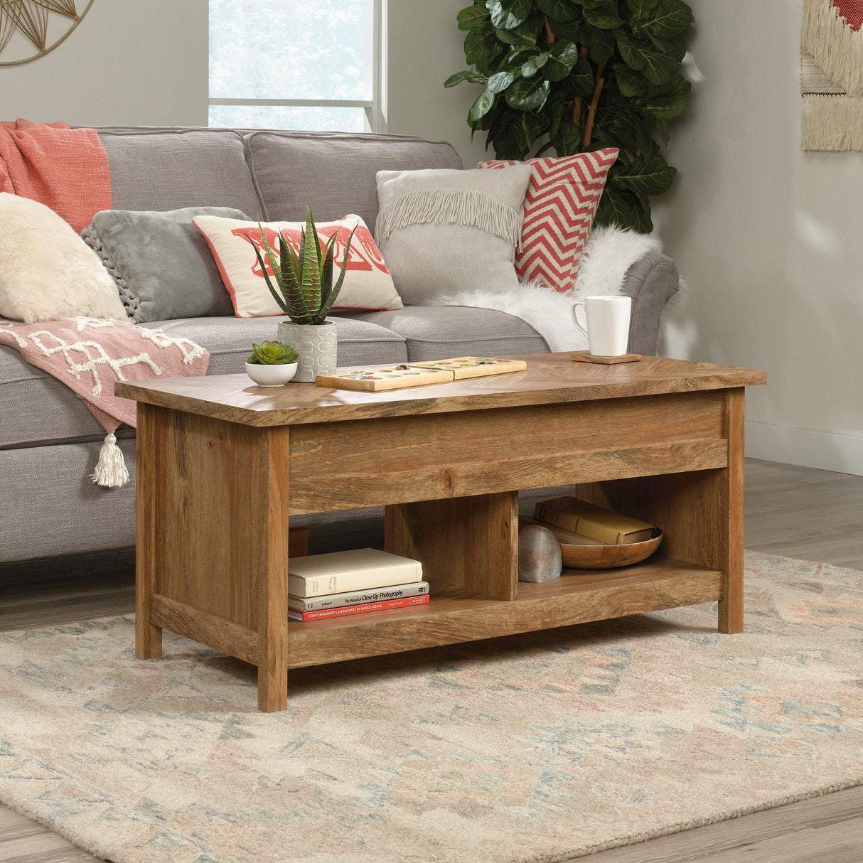 Sauder Cannery Bridge Lift Top Coffee Table, L: 43.15" x W: 19.45" x H: 19.02", Sindoori Mango finish Sauder
