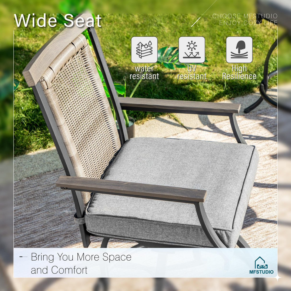 MFSTUDIO 3-Piece Outdoor Bar Set with 2 Swivel Wicker Rattan Cushion Chairs and 1 Metal Table, Perfect Patio Counter Height Table and Chairs MFSTUDIO