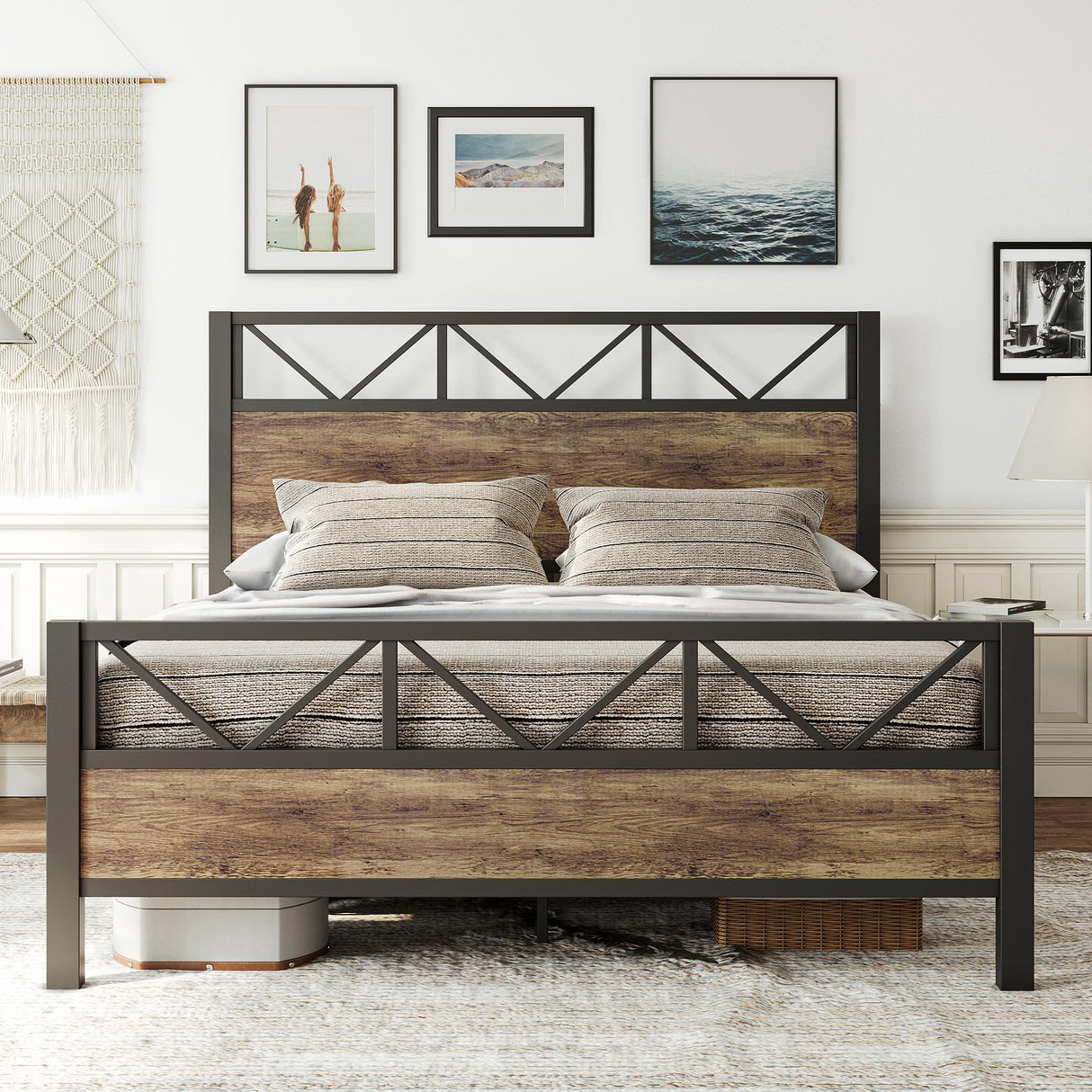 LIKIMIO Queen Bed Frame, Tall Industrial Headboard 51.2 ", Platform Bed Frame with Strong Metal Support, Solid and Stable, Noise Free, No Box Spring Needed, Easy Assembly, Vintage Brown, Rustic Maple LIKIMIO
