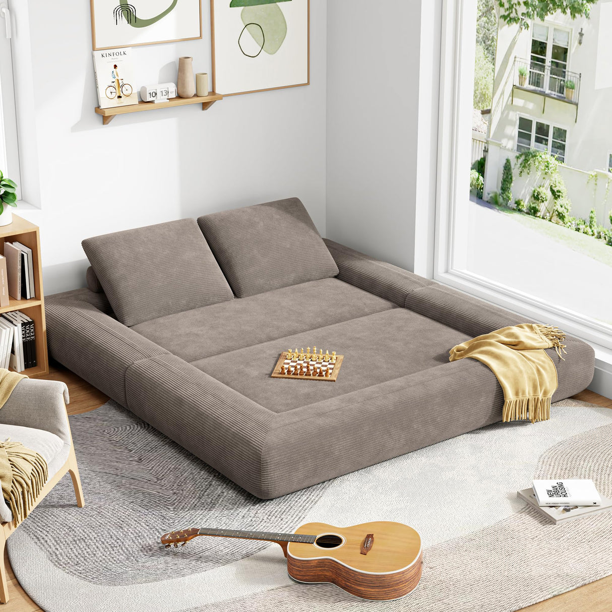 LIKIMIO Convertible Sleeper Sofa Bed Floor Sofa 3-in-1 No Assembly, Foldable Mattress with Corduroy Upholstery Light Brown, Lounge Loveseat Couch for Living Room Studio Guest Room LIKIMIO