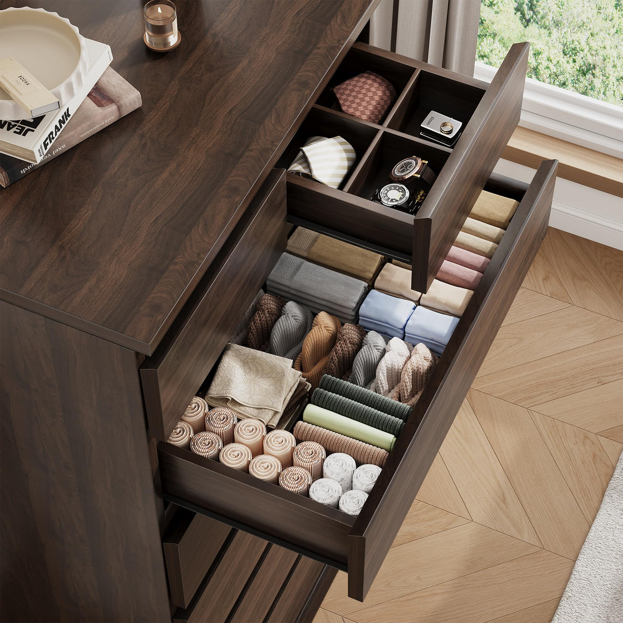 Brown Tall 7 Drawer Dresser for Bedroom, Modern Wood Closet Dressers & Chests of Drawers with Jewelry Storage, 23.6" L*15.8" W*47.5" H in Large Vertical Dresser for Bedroom, Living Room, Nursery Jocoevol