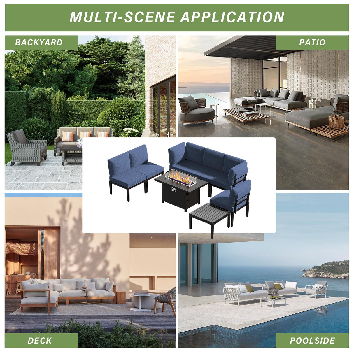 ASJMR Patio Furniture Set,8 Pieces Modern Outdoor Conversation Set w/43in Gas Fire Pit Table, Outdoor Metal Sectional Sofa with 55000 BTU Propane Fire Pit. ASJMR