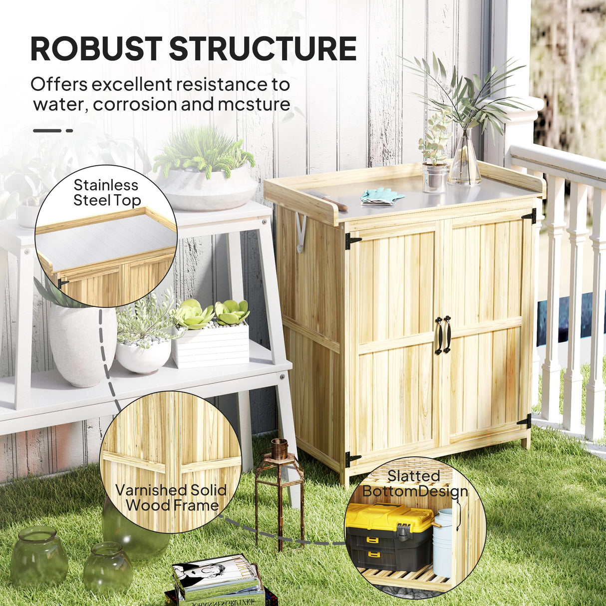 Outsunny Outdoor Storage Cabinet, Garden Tool Shed with Metal Tabletop and Shelf, Wooden Potting Bench with 2 Doors for Backyard, Patio, Lawn, Natural Wood Outsunny