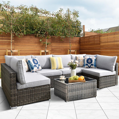 HOOOWOOO Patio Outdoor Sectional Furniture Sofa Set,7 Piece U Shaped Corner Wicker Rattan Couch Set,Rustic 6 Persons Summer Patio Conversation Set for Outside Porch Deck Garden(Light Gray)