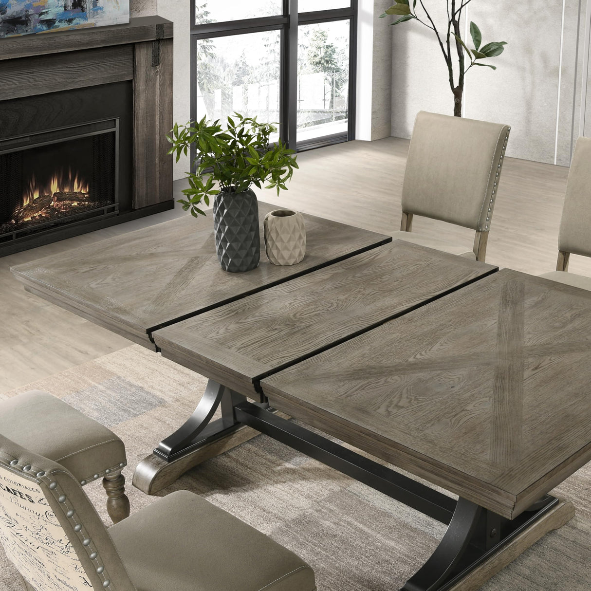 Roundhill Furniture Birmingham 8-Piece Dining Set: Extendable Table with 4 Side Chairs, 2 Armchairs, and a Nailhead Bench, Driftwood Finish Roundhill Furniture