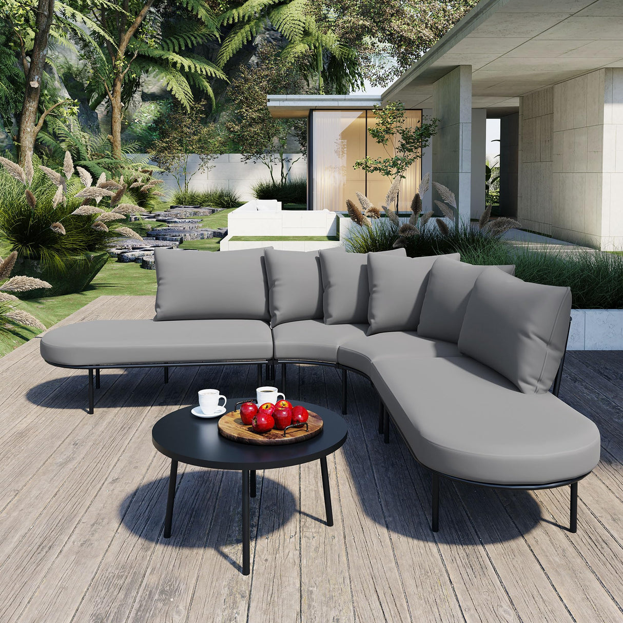 Merax 5 Piece Patio Outdoor Furniture Set for 6 People, All Weather L-Shaped Sectional Sofa with Iron Frame & Waterproof Coushions, 1 Round Coffee Table for Garden, Lawn, Backyard, Poolside, Gray Merax