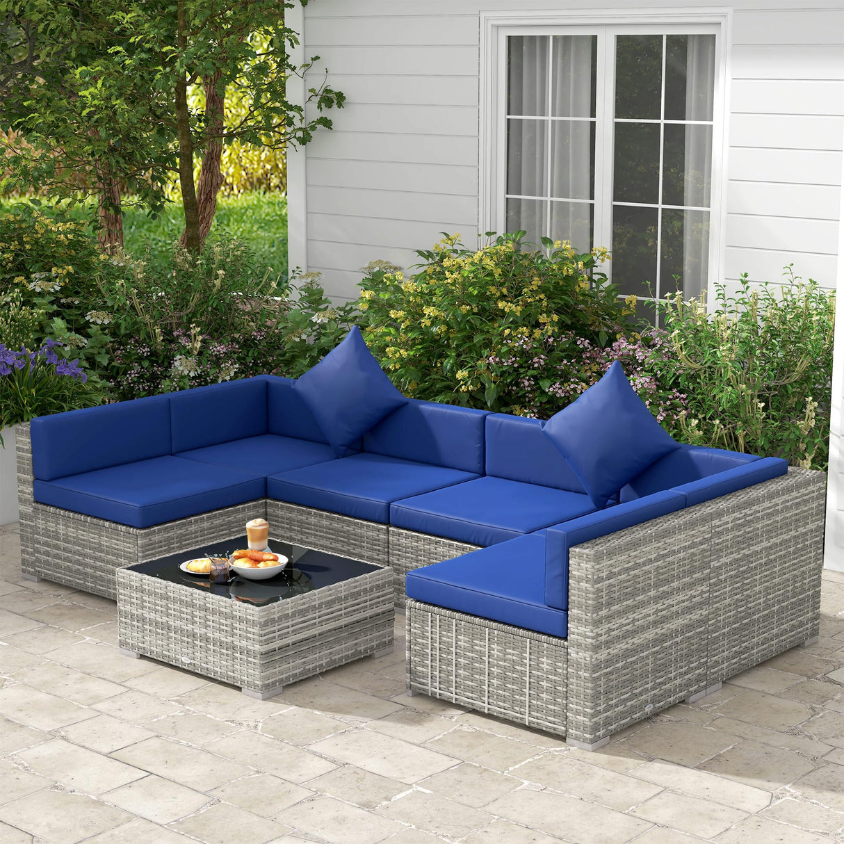 Outsunny 7-Piece Patio Furniture Set, Outdoor Wicker Conversation Set, All Weather PE Rattan Sectional Sofa Set with Cushions and Tempered Glass Top Coffee Table, Pillows, Blue Outsunny
