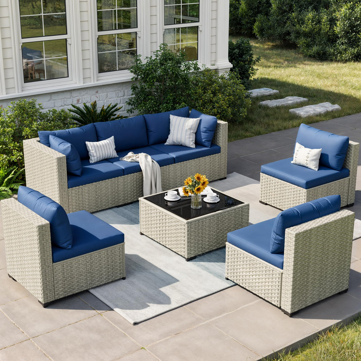 VONZOY Patio Furniture Set, 7-Piece Outdoor Sectional All-Weather Wicker Patio Conversation Set for Backyard (Navy Blue Cushions with Grey Rattan) VONZOY