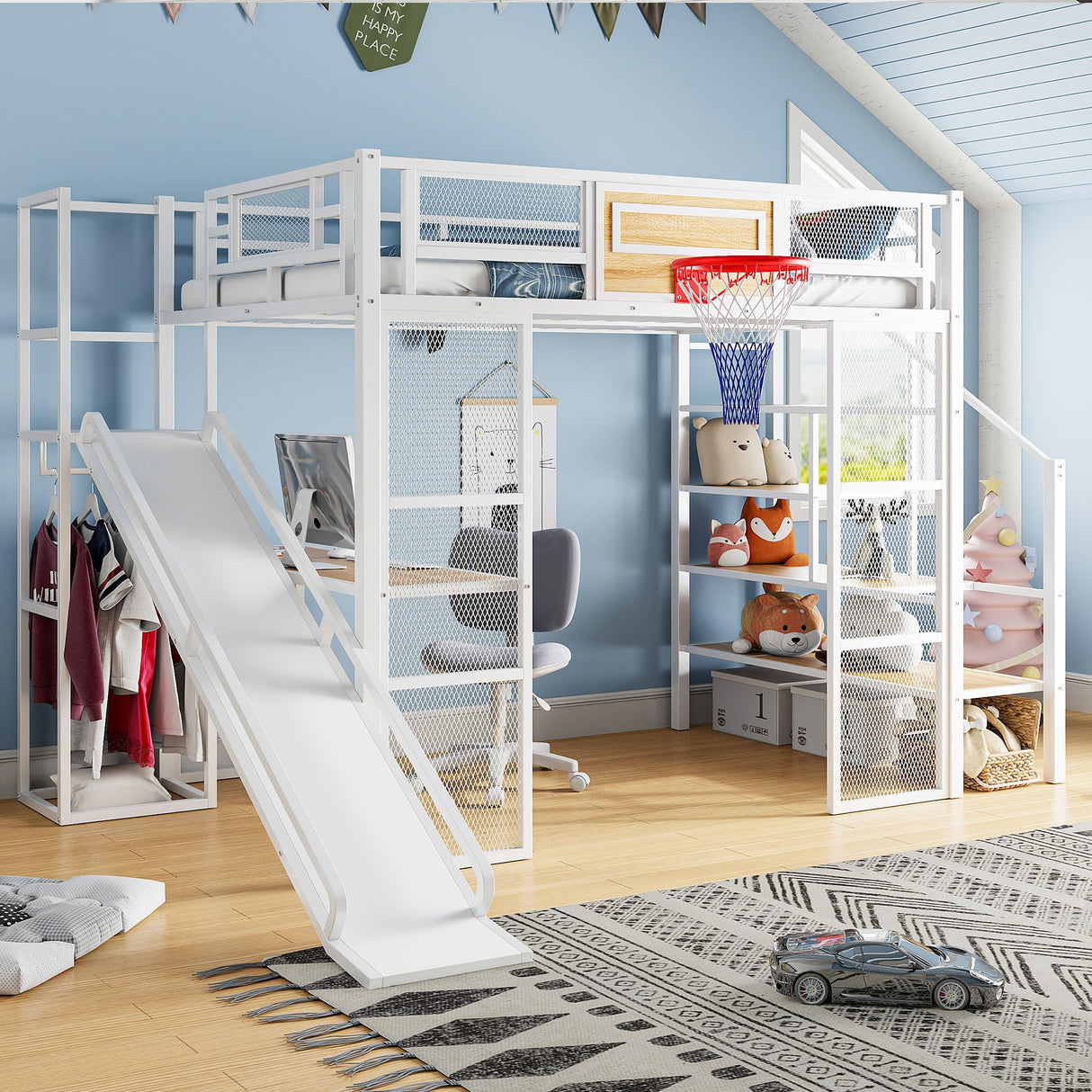 SOFTSEA Full Size Loft Bed with Slide and Storage Stairs, Metal Loft Bed with Built-in Desk, Open Wardrobe, Basketball Hoop, Space-Saving Loft Bed Frame with Guardrail for Kids Teens Boys, White SOFTSEA