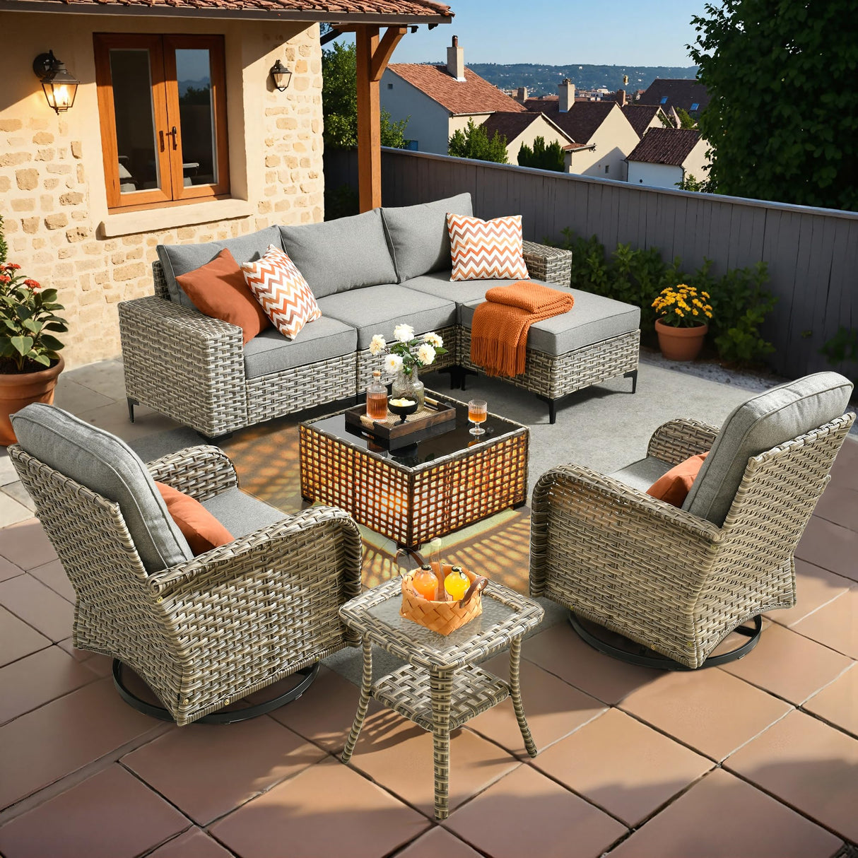 HOOOWOOO Outdoor Sectional Furniture Set,8 Pieces Wicker Patio Conversation Sets,L Shape All Weather Outside Couch Sofa Set with Swivel Chairs Solar Light Table Ottoman,Charcoal Gray HOOOWOOO