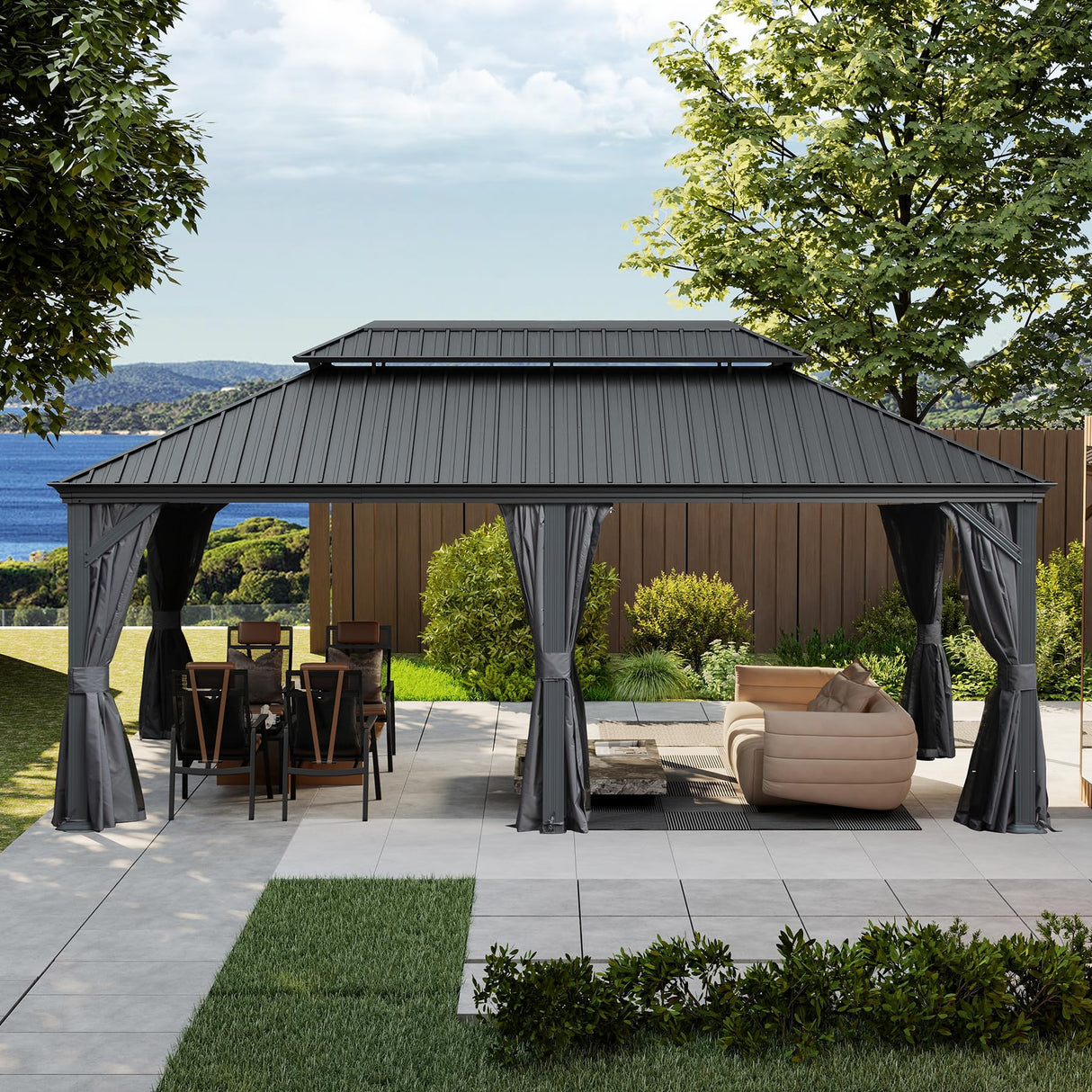 Domi 14x20FT Outdoor Gazebo, Hardtop Gazebo with Galvanized Steel Double Roof, Metal Gazebos with Drainage System Patio Pergola for Patio Deck Backyard,Curtain and Netting,Gray domi outdoor living
