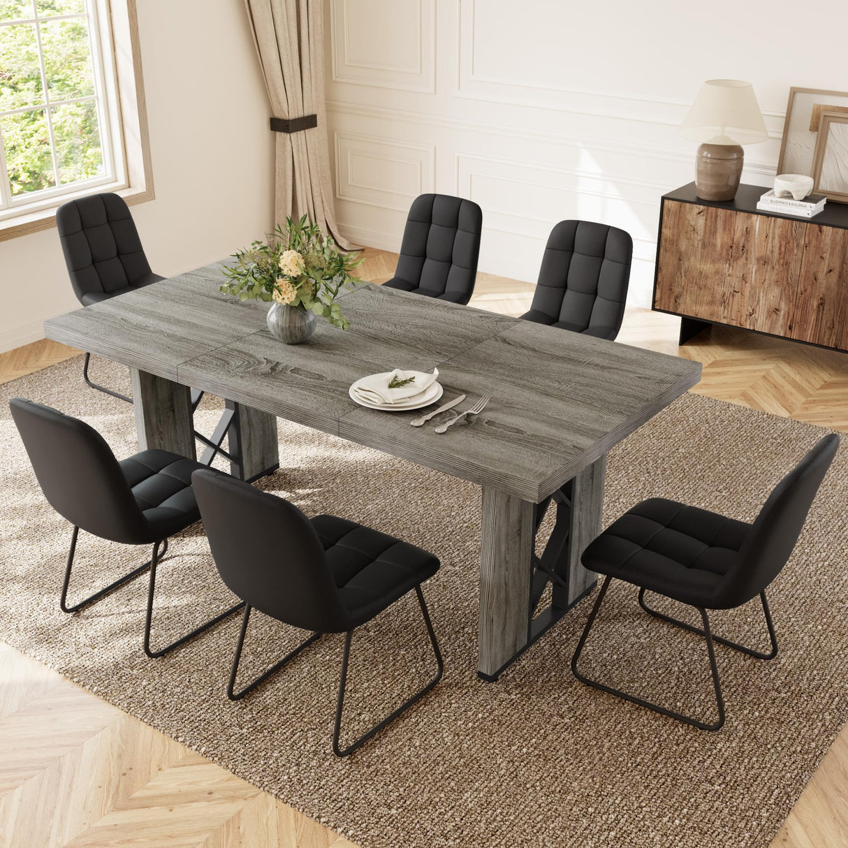 HIPIHOM 7-Piece Dining Table Set for 6-8 People, 70.8" MDF Kitchen Table with 6 Upholstered Chairs, Space-Saving for Dining Room, Breakfast Nook(Grey Table+6 U-Shaped Black Chairs) HIPIHOM