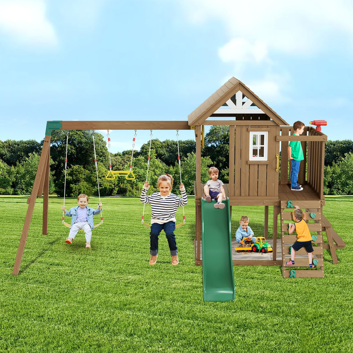VEVOR Wooden Swing Set, 9 in 1 Outdoor Playground Sets for Backyards, 2 Swings, Trapeze Bar, 6 FT Slide, Large Upper Fort with Kitchen Toys, Flat Step Ladder, Rock Wall, Picnic Table, Sandbox VEVOR