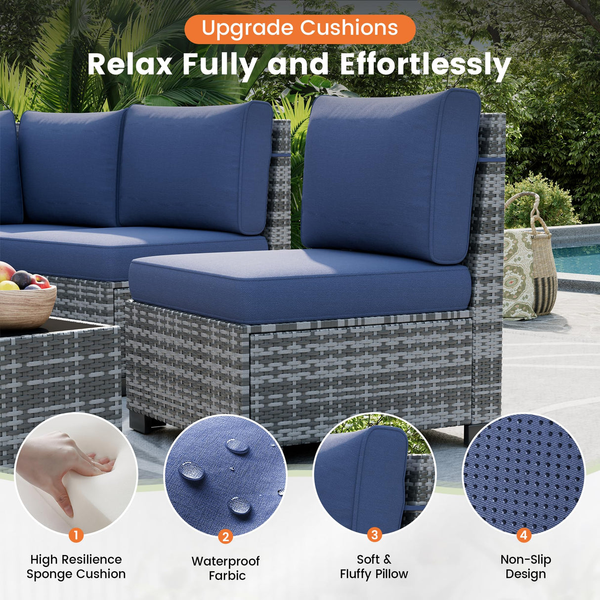 UDPATIO Patio Furniture Set, 8 Inch Armrest Outdoor Sectional Sofa, 6 Piece Wicker Outdoor Furniture Conversation Sets with Waterproof Cover and Coffee Table for Backyard Deck(Grey/Navy Blue) UDPATIO
