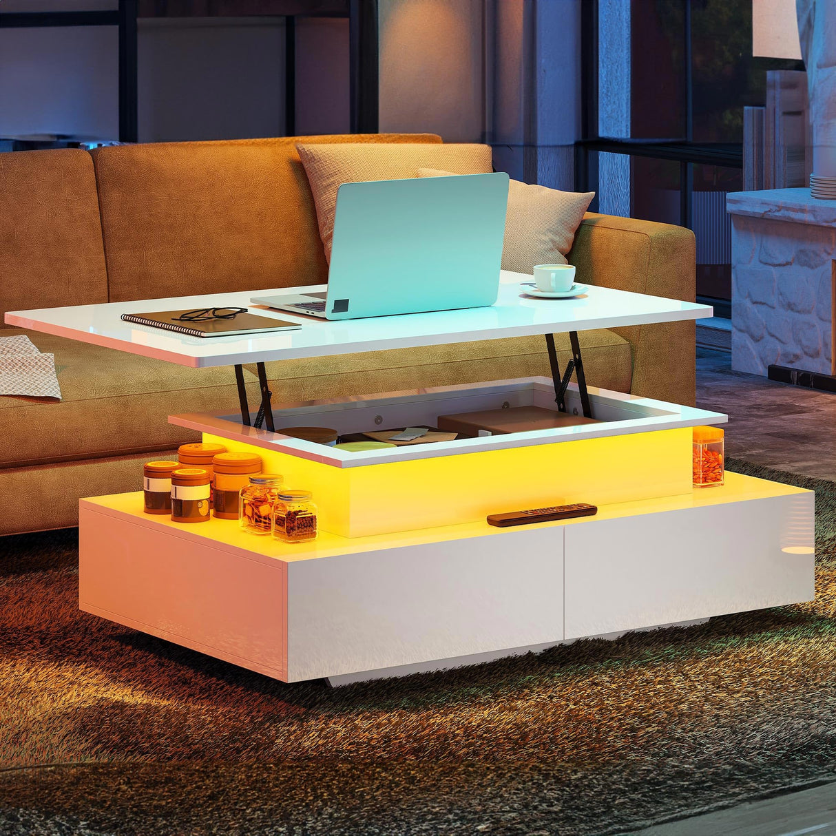 YITAHOME LED Lift Top Coffee Tables for Living Room, High Glossy Coffee Table with Storages 4 Spacious Drawers, Modern Rectangle Coffee Tables Small Center Table for Home Office, Glossy White YITAHOME