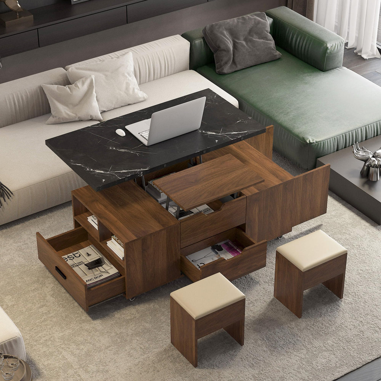 Modern Expandable Lift-Up Coffee Table with Hidden Storage & 2 Cushioned Stools – Space-Saving Folding Dining Table for Small Living Rooms AMNOOI