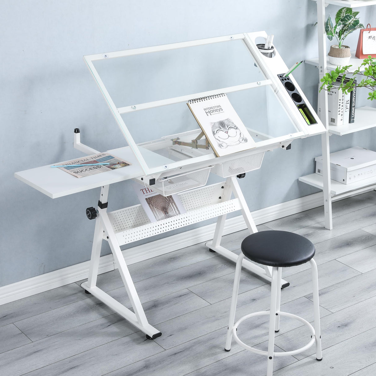 LiviNest Height Adjustable Drafting Table - Modern Tempered Glasses Artist Drawing Table Tilted Tabletop with Chair - Glass Topped Art Desk Work Station with Stool for Home Office White LiviNest