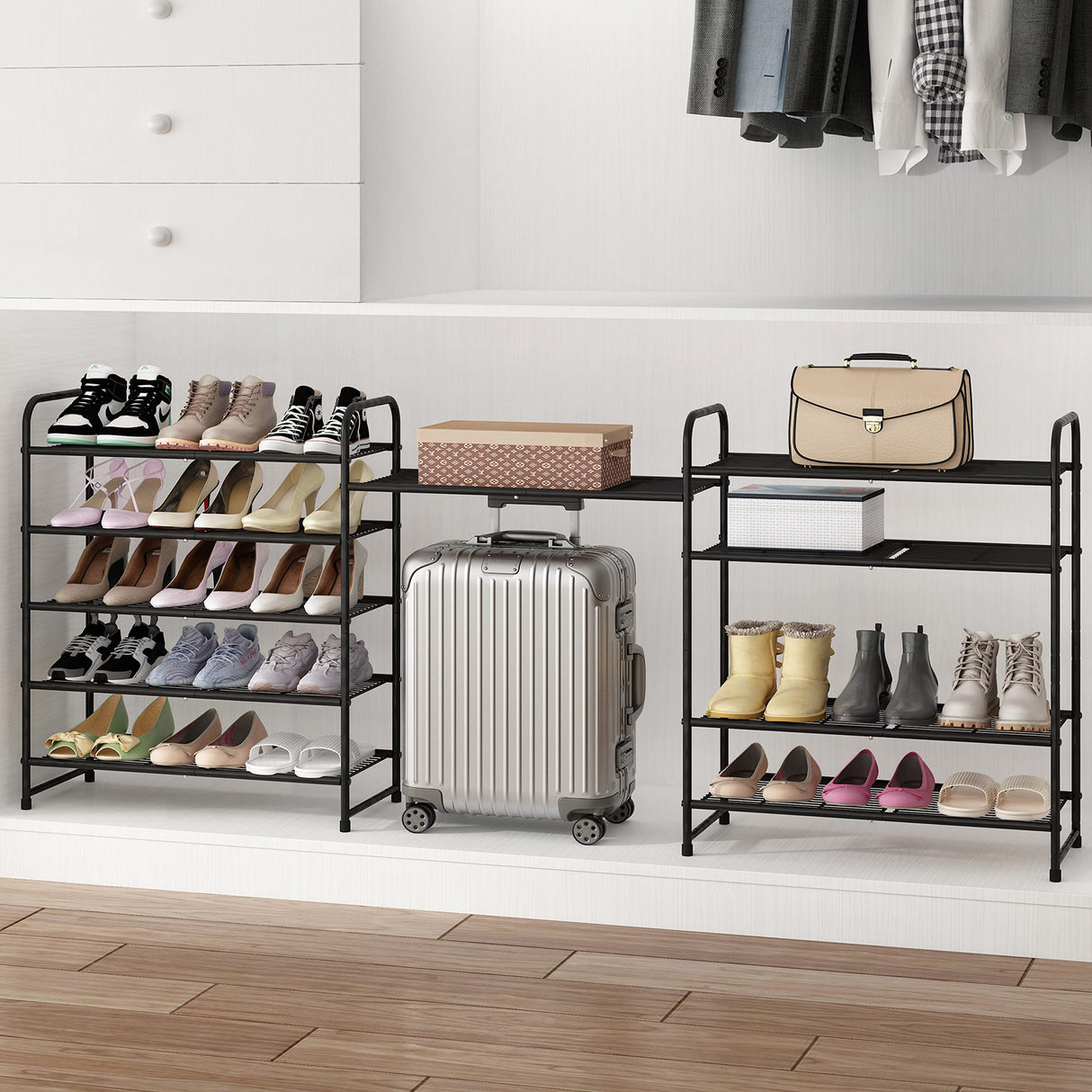 Simple Trending 5-Tier Stackable Shoe Rack, Expandable & Adjustable Shoe Organizer Storage Shelf, Wire Grid, Black Simple Trending