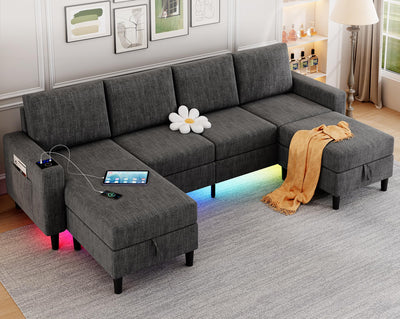 HYZQ Sectional Couches for Living Room, 4 Seat Linen Sectional Sofa with Reversible Chaise Lounge/Storage Ottoman, U Shaped Couch with Smart Module-Wireless Charging/USB/Type-C/RGB Light (Dark Grey)