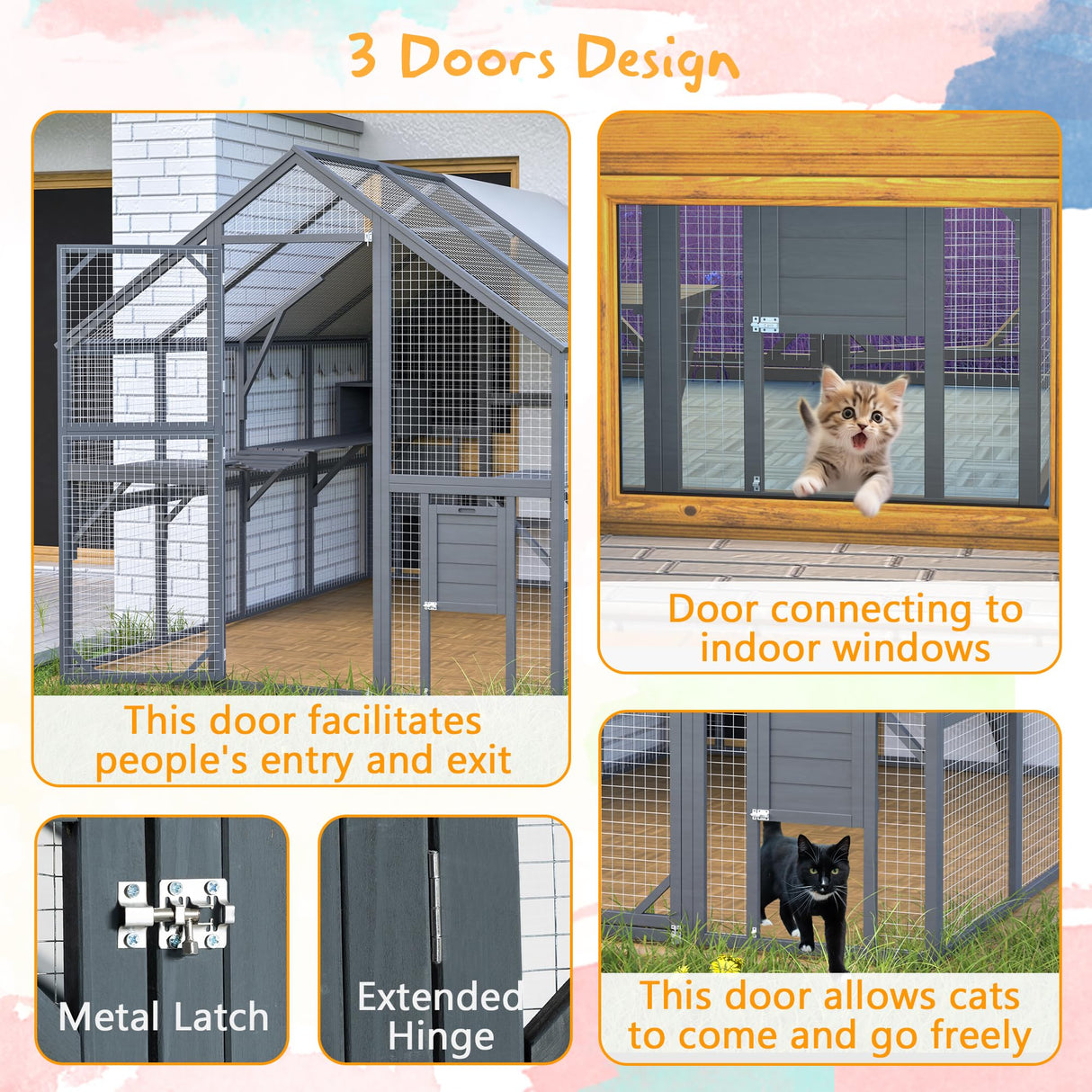 ZMAD Large Outdoor Cat House,56 ft² Luxury Wooden Run Enclosure Walk in Cat Catio Kitten Condo with 2 Cats Doors, 2 Playpen & Hiding Houses, Bridges, Walks, Roof Cover, Grey (Grey, 110 in) ZMAD