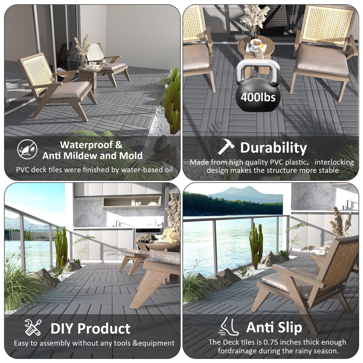 44 Pack Interlocking Deck Tiles, 12"x12"x0.8" Plastic Patio Flooring Outdoor Waterproof, All Weather Use for Balcony Porch Backyard Poolside(Dark Grey,Stripe) Xinghanzhenxuan