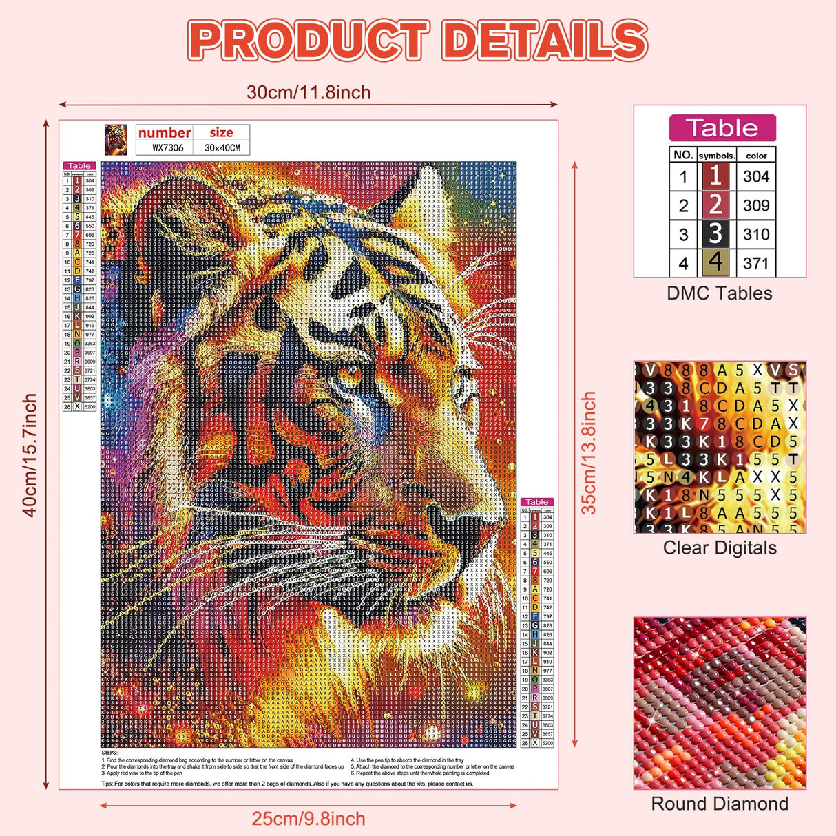HEIBAGO Tiger Diamond Art Kits for Adults Beginners, 5D Diamond Painting Animal Kits, DIY Full Round Drill Diamond Dots Paintings Picture Gem Art Craft for Home Wall Decor 12x16 Inch HEIBAGO