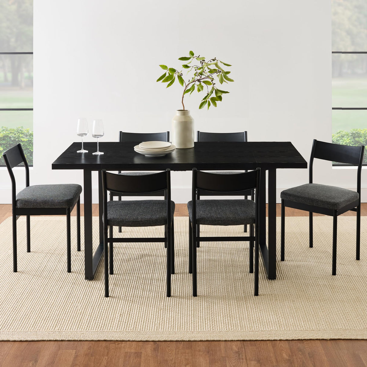 Best Choice Products 7-Piece Modern Dining Room Set, Kitchen Table Set, Dining Table w/ 6 Chairs, Upholstered Cushions, Solid Metal Frame, Curved Backrest - Black/Gray Best Choice Products