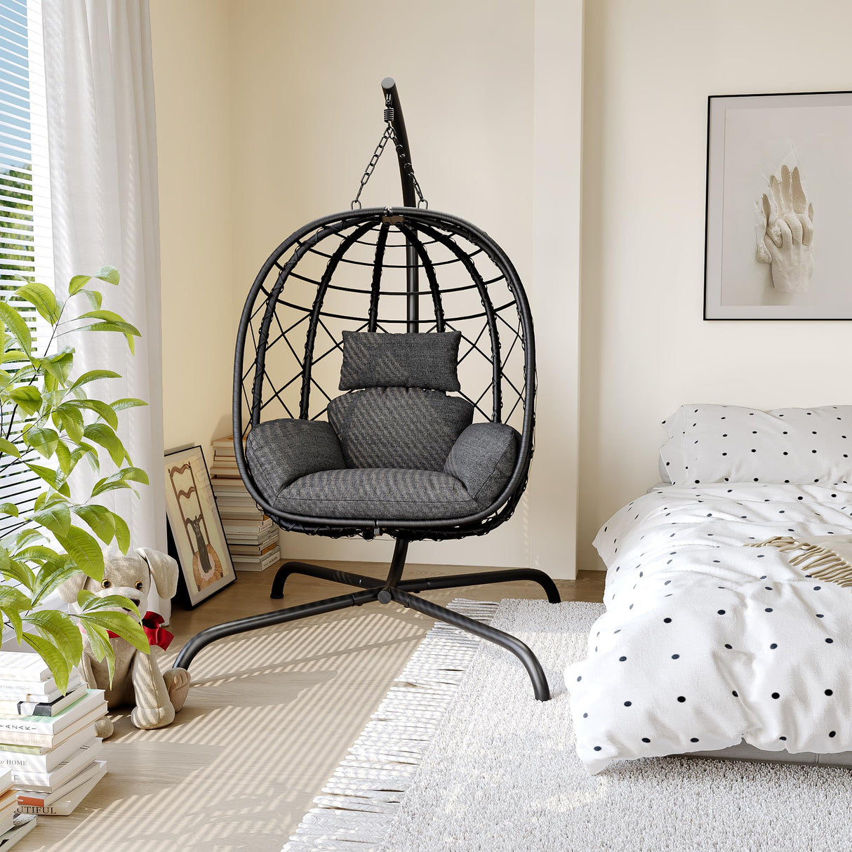 LUTINLIX Wicker Egg Chair Outdoor Indoor,Foldable Patio Hanging Egg Chair with Stand,Swing Chair with UV Resistant Cushion 350lbs Capacity for Bedroom, Patio, Garden and Balcony (Black+Dark Grey) LUTINLIX