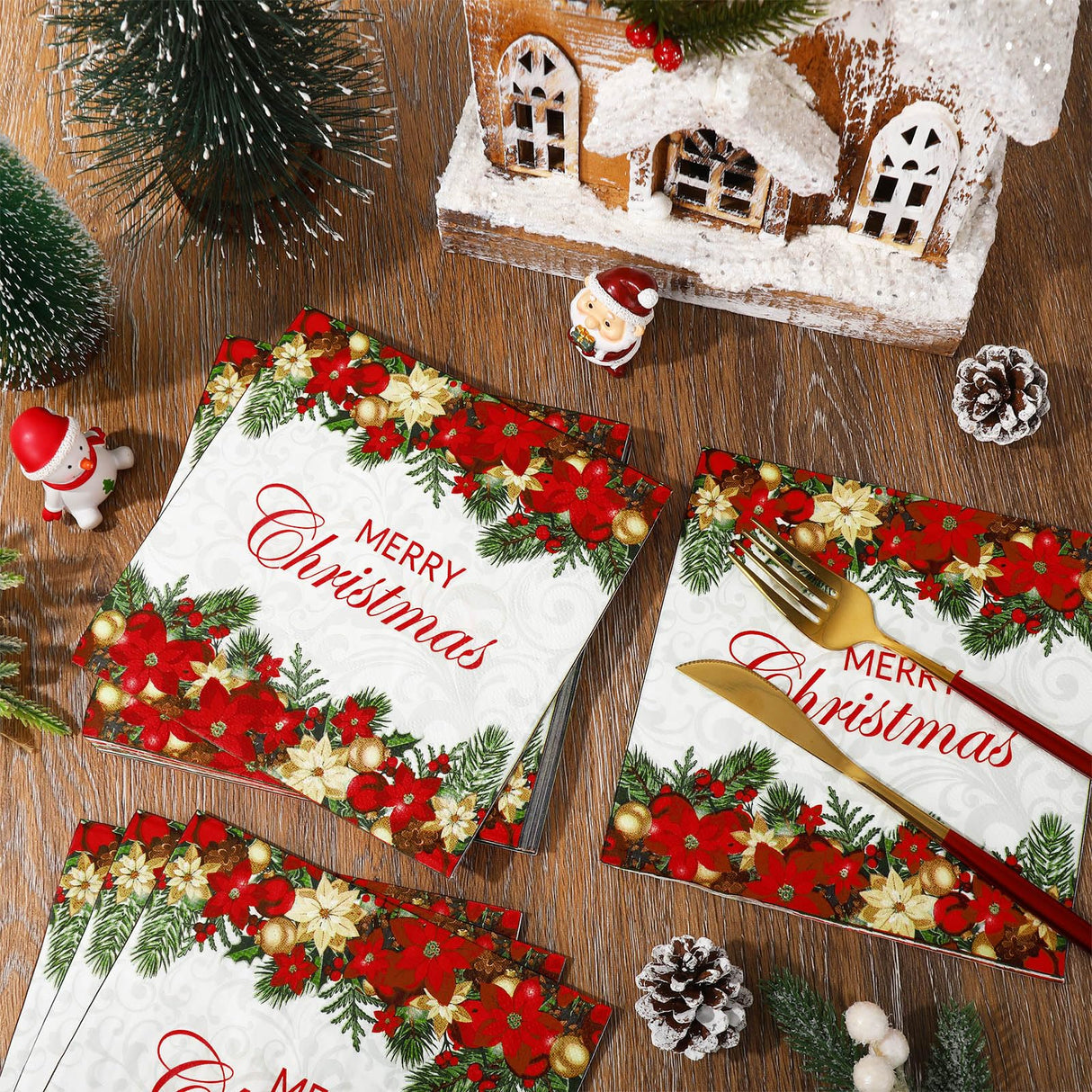 JarThenaAMCS 50Pcs Merry Christmas Paper Napkin Poinsettia Floral Xmas Ball Disposable Dinner Napkin Luncheon Napkin for Winter Party Supplies JarThenaAMCS