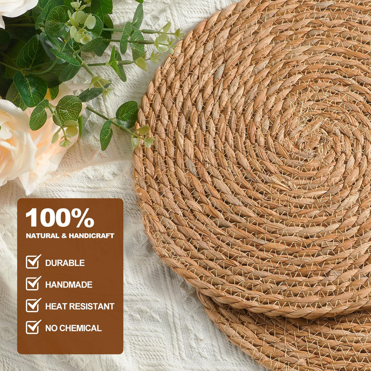 Round Woven Placemats 12 inch Set of 10 - Boho Rattan Placemats Natural Water Hyacinth Placemat, Farmhouse Weave Place Mats, Rustic Braided Wicker Table Mats for Dining Table,Home,Wedding Dimpola