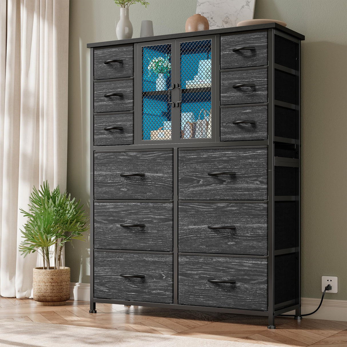 EnHomee Tall Dresser for Bedroom with 12 Drawer Dressers & Chests of Drawers for Closet with Charging Station & LED Lights & Mesh Door Sturdy Black Dresser with Wooden Top and Metal Frame EnHomee