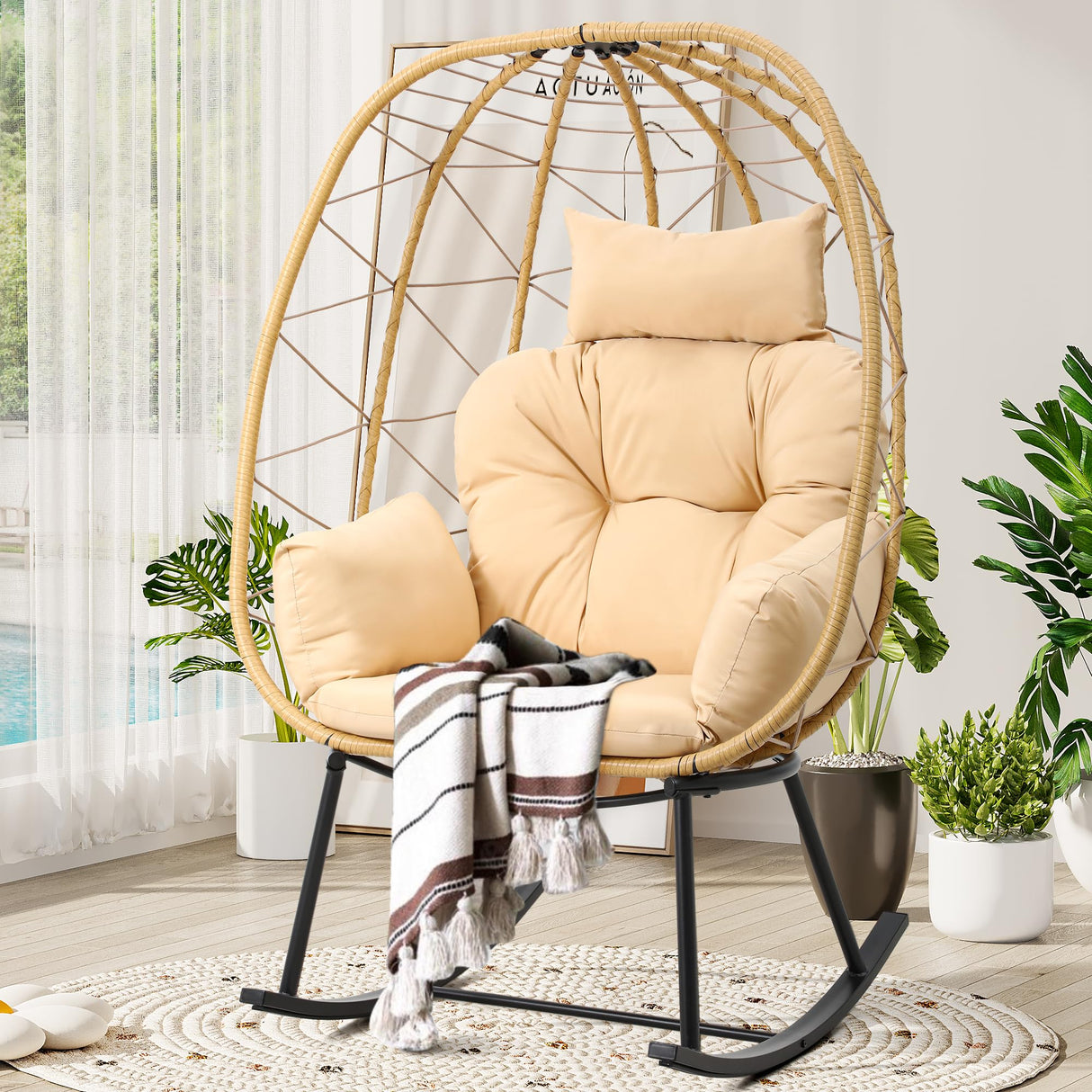 YITAHOME Wicker Rocking Egg Chair, Outdoor Patio Rocking Chair with Cushioned Comfort, 330lb Capacity, Anti-Slip, All-Weather Resilient Egg Lounger Chair for Indoor & Outdoor Relaxation Spaces, Beige YITAHOME