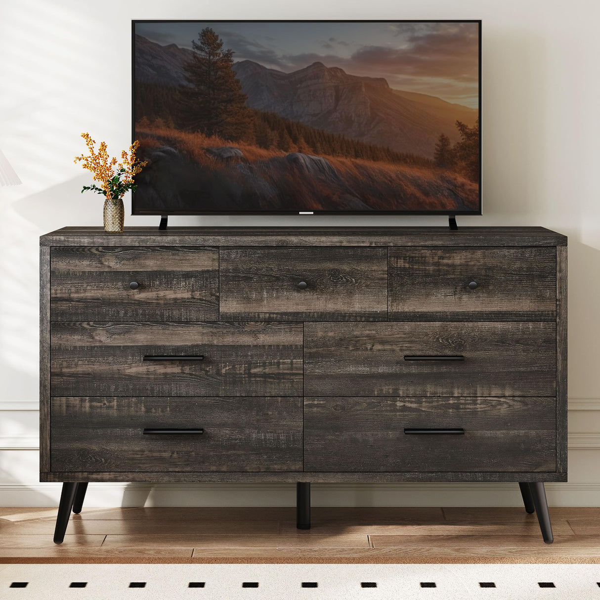 YITAHOME Dresser TV Stand for 55 Inch TV/7 Drawer Dresser Entertainment Center/Console Table with Black Metal Handles & Anti-Tipping Device for Living Room/Bedroom-Dark Rustic Oak YITAHOME