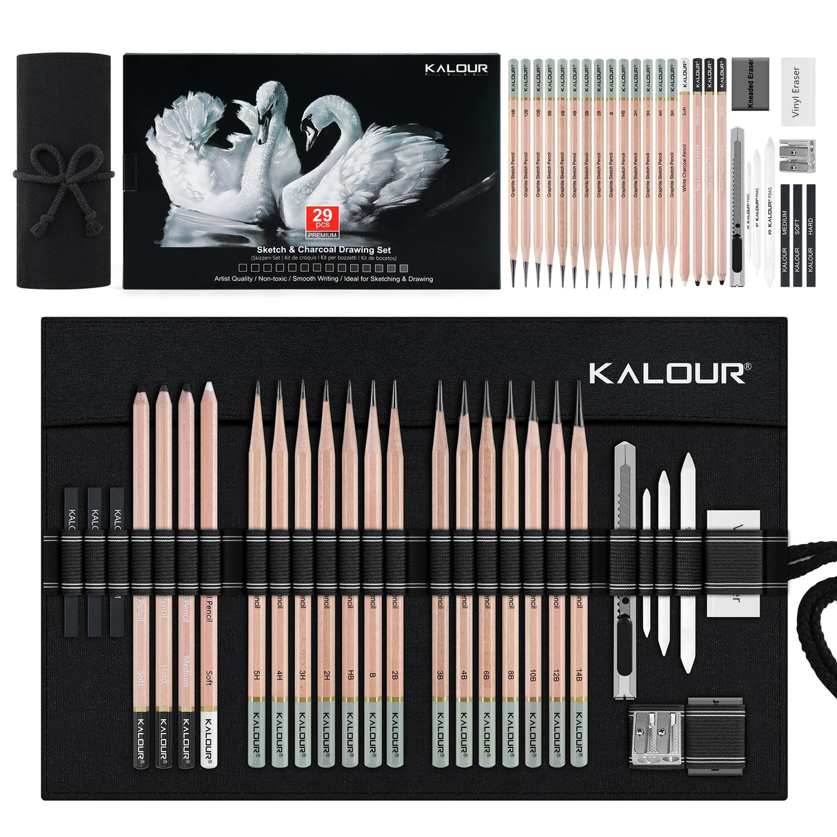 KALOUR 29 Pro Sketching Drawing Pencils Set with Roll-Up Nylon Case – 14 Graphite Pencils (14B–5H), Charcoal Pencils, Erasers, Sharpener & Stumps – Complete Art Kit for Artists & Beginner KALOUR